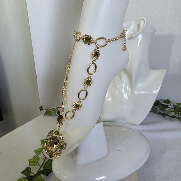 Gold with Green Crystal Stones Glam Ankle Bracelet - Picture 3 of 11